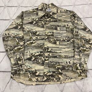 Vintage 60s 70s Flannel Shirt All Over Penguins Print Permanent Press Mens XL